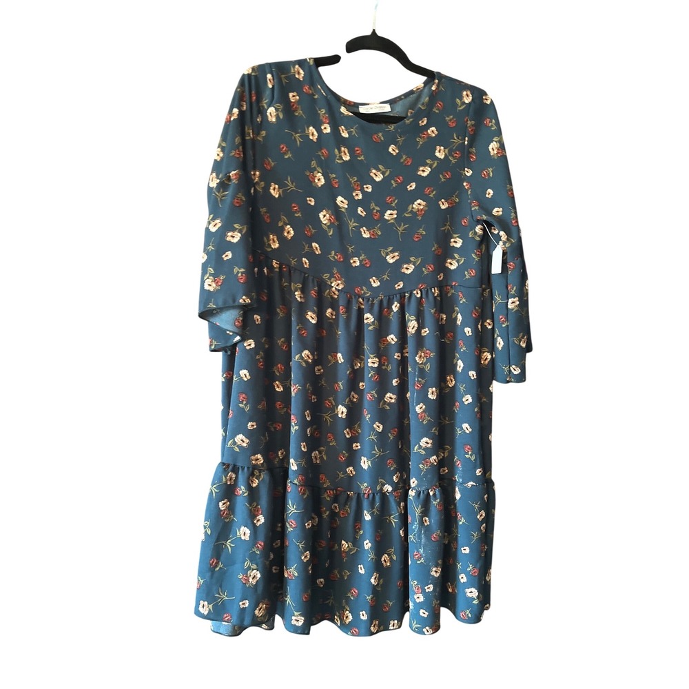 Carole Christian Atlanta Floral Tiered Dress Bell Sleeve Blue‎ Small EUC